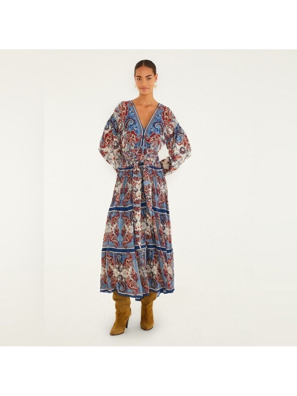 Farm Rio Blue Paisley Scarf Long Sleeve Maxi Dress